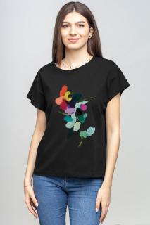 Tricou cu maneca cazuta din bumbac negru cu imprimeu floare stilizata