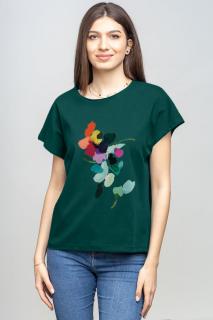 Tricou cu maneca cazuta din bumbac turcoaz inchis cu imprimeu floare stilizata