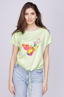 Tricou din vascoza cu snur la poale si imprimeu fluturi, verde fistic