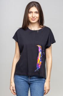 Tricou negru cu panou lateral pana stilizata