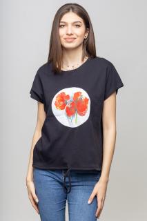 Tricou negru cu snur si panou maci rosii picturali