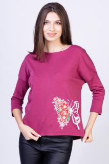 Tricou roz inchis din bumbac, cu maneci 3 4 si imprimeu fluture