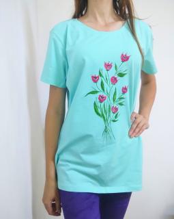 Tricou turcoaz, pictat manual ,cu lalele