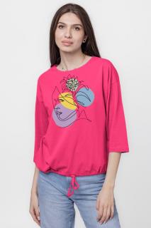 Tricou uni cu maneca 3 4 din tricot de bumbac cu snur la baza, fucsia cu imprimeu chip stilizat