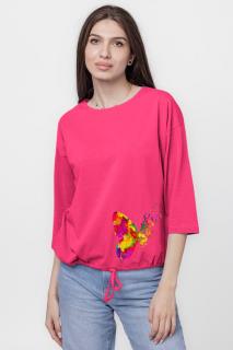 Tricou uni cu maneca 3 4 din tricot de bumbac cu snur la baza, fucsia cu imprimeu fluturi