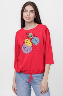 Tricou uni cu maneca 3 4 din tricot de bumbac cu snur la baza, fucsia inchis cu imprimeu chip stilizat