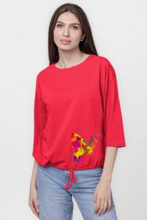 Tricou uni cu maneca 3 4 din tricot de bumbac cu snur la baza, fucsia inchis cu imprimeu fluturi