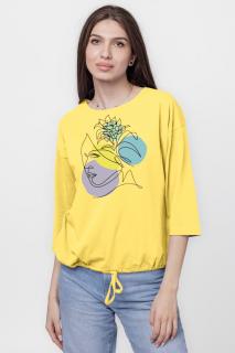 Tricou uni cu maneca 3 4 din tricot de bumbac cu snur la baza, galben cu imprimeu chip stilizat