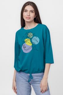 Tricou uni cu maneca 3 4 din tricot de bumbac cu snur la baza, turcoaz  cu imprimeu chip stilizat