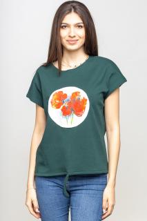 Tricou verde cu snur si panou maci rosii picturali