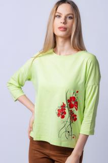 Tricou verde menta din bumbac, cu maneci 3 4 si imprimeu maci