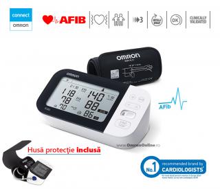 OMRON M500 Intelli IT (HEM-7361T-D) cu Bluetooth - Tensiometru de brat, detectare fibrilatie atriala (Afib), manseta inteligenta Intelli Cuff, transfer date Omron Connect, afisaj DUAL + HUSA (CADOU)