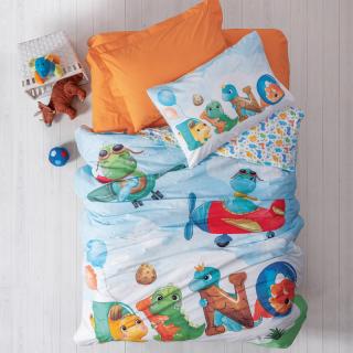 Lenjerie de pat ranforce, o persoana, bumbac 100%, Cotton Box, Dino - Orange