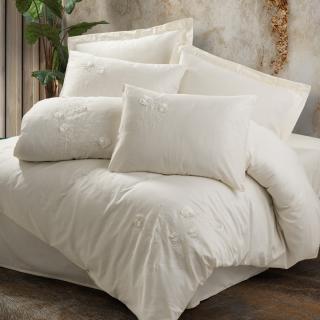 Lenjerie de pat satin premium brodata, 6 piese, bumbac 100%, Cotton Box, Pure - Ecru