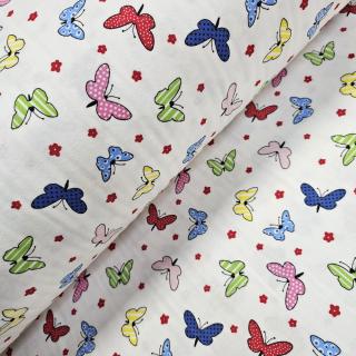 Material textil finet, 240cm, 100% bumbac, Alb cu fluturasi multicolor
