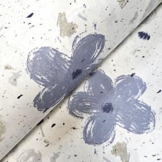 Material textil ranforce, 240cm, bumbac 100%, Alb cu flori albastre si gri