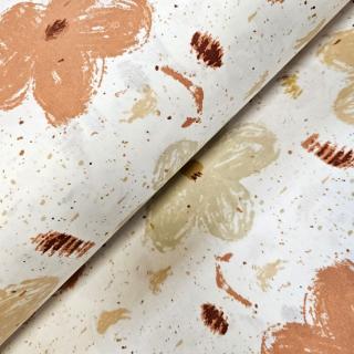 Material textil ranforce, 240cm, bumbac 100%, Alb cu flori portocalii si crem
