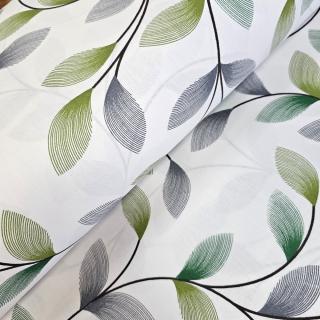 Material textil ranforce, 240cm, bumbac 100%, Alb cu frunze verzi si gri