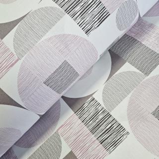 Material textil ranforce, 240cm, bumbac 100%, Geometric - gri si roz