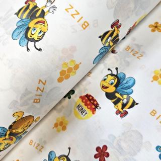 Material textil ranforce, bumbac 100%, Alb cu albinute Bizz