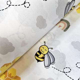 Material textil ranforce, bumbac 100%, Alb cu albinute si stupi