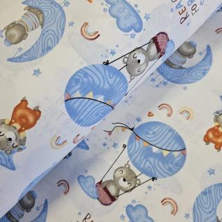 Material textil ranforce, bumbac 100%, Alb cu balon albastru si ursulet - albastru
