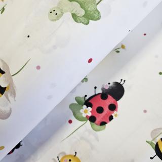 Material textil ranforce, bumbac 100%, Alb cu gargarite si albinute