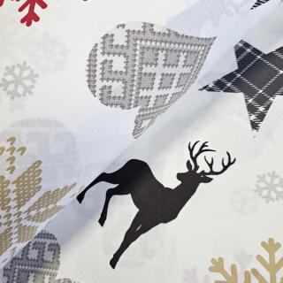 Material textil ranforce, bumbac 100%, Alb cu reni si fulgi de nea