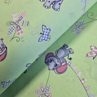 Material textil ranforce, bumbac 100%, Verde cu elefanti si iepurasi