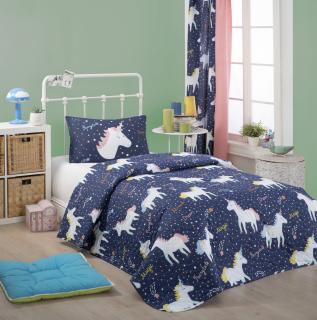 Set cuvertura matlasata 160x220cm, Eponj Home, Magic Unicorn - Albastru