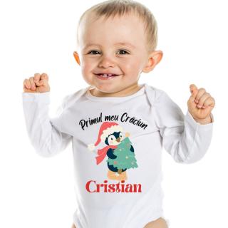 Body bebe personalizat din bumbac cu nume, pinguin si Primul meu Craciun