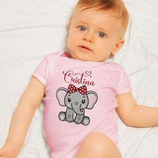 Body bebe personalizat din bumbac, pentru fetita cu elefantel si nume