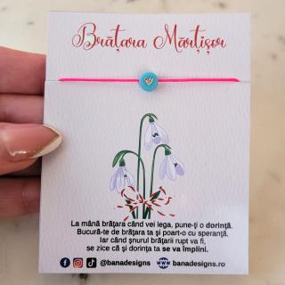 Bratara Martisor colorat cu inimioara turcoaz cu argintiu si snur ajustabil roz neon