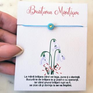 Bratara Martisor colorat cu inimioara turcoaz cu auriu si snur ajustabil albastru