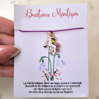 Bratara Martisor colorat cu unicorn emailat si snur ajustabil mov