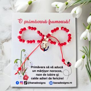Bratara Martisor cu ancora emailata, cristale rosii si albe