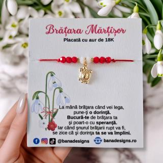 Bratara Martisor cu broscuta testoasa si cristale rosii si albe, placata cu aur