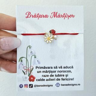 Bratara Martisor cu buburuza floare emailata si perluta, snur rosu ajustabil