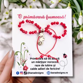 Bratara Martisor cu calut de mare emailat, cristale rosii si albe