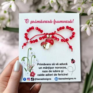 Bratara Martisor cu ciupercute emailate, cristale rosii si albe