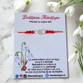 Bratara Martisor cu coronita si cristale rosii si albe, placata cu argint