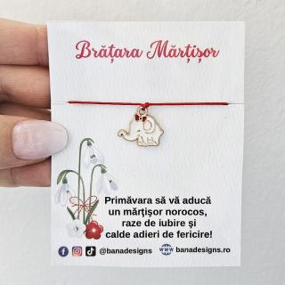 Bratara Martisor cu elefant emailat si snur rosu ajustabil