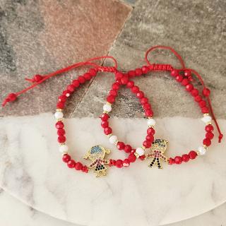 Bratara Martisor cu fetita sau baietel si cristale rosii si albe, placata cu aur