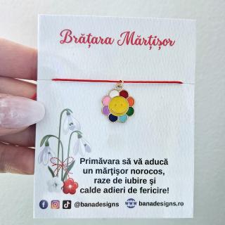 Bratara Martisor cu floare emailata multicolora, snur rosu ajustabil