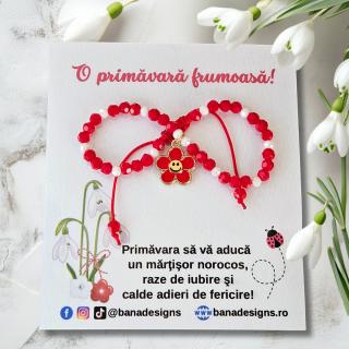 Bratara Martisor cu floricica rosie emailata, cristale rosii si albe