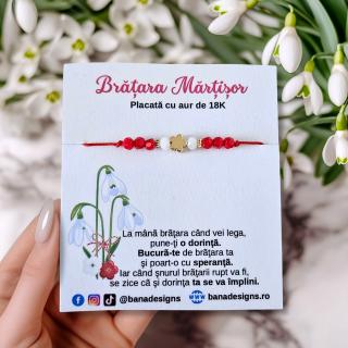 Bratara Martisor cu floricica si cristale rosii si albe, placata cu aur