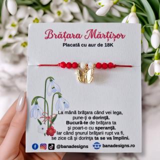Bratara Martisor cu fluturas si cristale rosii si albe, placata cu aur