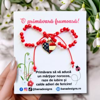 Bratara Martisor cu inima steag SUA emailata, cristale rosii si albe