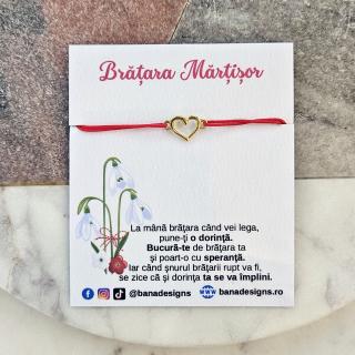 Bratara Martisor cu inimioara aurie si snur rosu ajustabil
