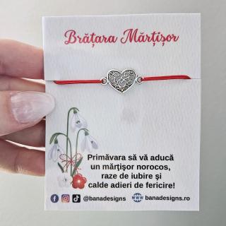 Bratara Martisor cu inimioara filigranata si snur rosu ajustabil